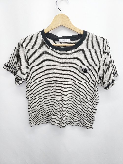 ◇ ⊂ THENCE ボーダー ショート丈 半袖 Tシャツ カットソー ホワイト ブラック レディース E 【中古】