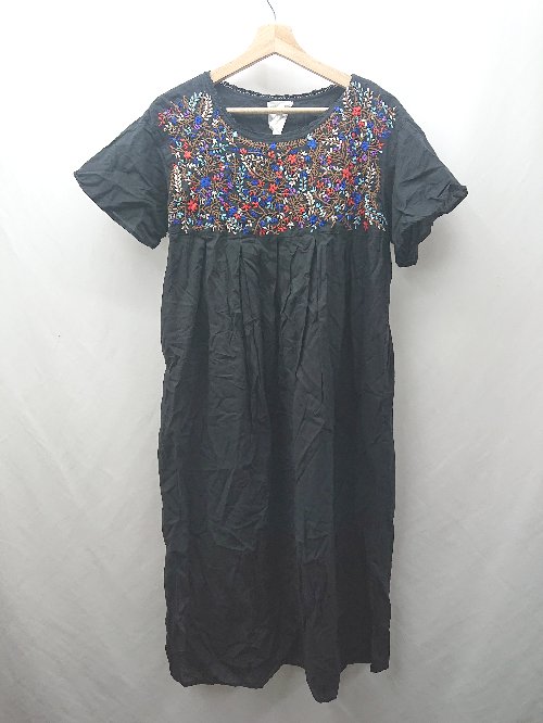◇ ⊇ CRAFT クラフト 半袖 ロング 刺繍デザインワンピース サイズF ブラック系 レディース E 【中古】