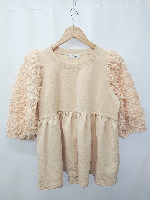 ◇ ⊂ M y u ミュー パフスリーブ ペプラム 半袖 カットソー サイズF ベージュ系 レディース メンズ E 【中古】