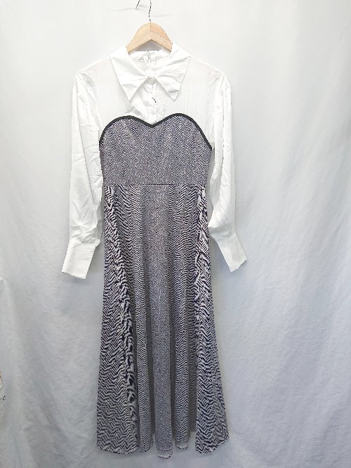 ◇ ⊂ ◎ ●未使用● GRL グレイル 切替 ヘリンボーン 長袖 ロング ワンピース サイズL ホワイト ブラック系 レディース E 【中古】