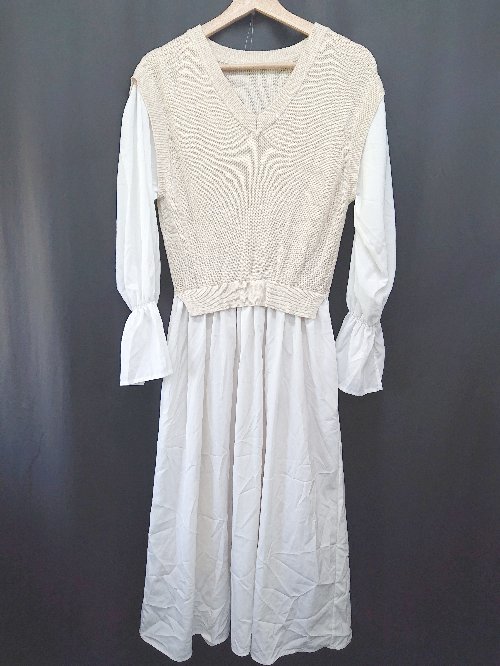 ◇ Θ idem イデム ニット ドッキング 長袖 ロング ワンピース サイズF ホワイト ベージュ レディース E ..