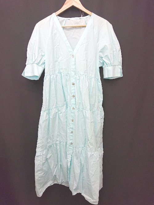 ◇ Θ ZARA ザラ Vネック 五分袖 膝下丈 ティアード ワンピース サイズM スカイブルー系 レディース E 【中古】