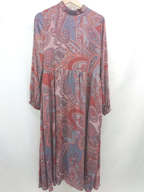 ◇ ⊂ パターントルソー ペイズリー柄模様 長袖 ロング デザインアジアン風ワンピース サイズF レッド系 ..
