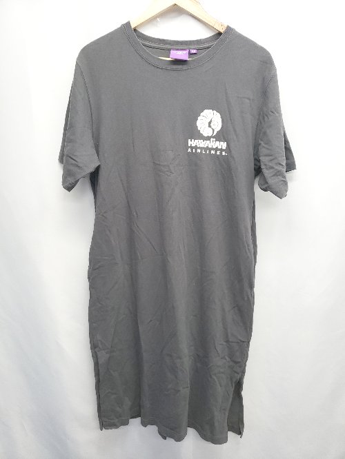 ◇ ⊂ HAWAIIAN AIRLINES プリント 半袖 膝丈 ワンピース サイズF チャコールグレー レディース E 【中古】