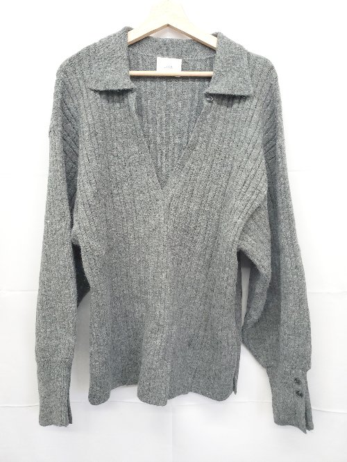 ■ 未使用 ⊆ LIAN リアン Vネック ルーズ 長袖 ポロ ニット サイズF ダークグレー系 レディース E 【中..