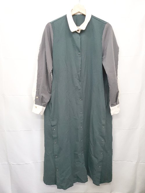 ◇ ⊇ 179/WG 切り替えデザイン 長袖 膝下丈 ワンピース サイズ38 グリーン グレー ホワイト レディース E 【中古】
