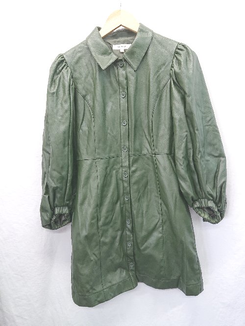 ◇ ⊆ MOUSSY マウジー パフスリーブ 長袖 膝丈 レザー ワンピース サイズ2 ダークグリーン系 レディース E 【中古】