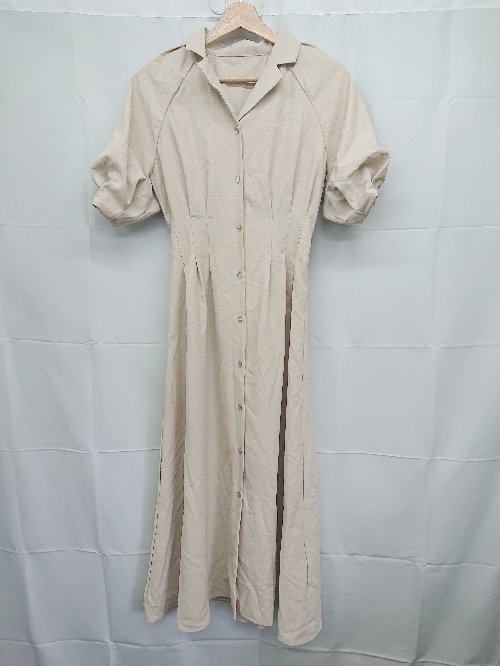 ◇ ⊂ ◎ RESEXXY リゼクシー オープンカラー パフスリーブ 五分袖 膝下丈 ワンピース サイズF ベージュ レディース E 【中古】