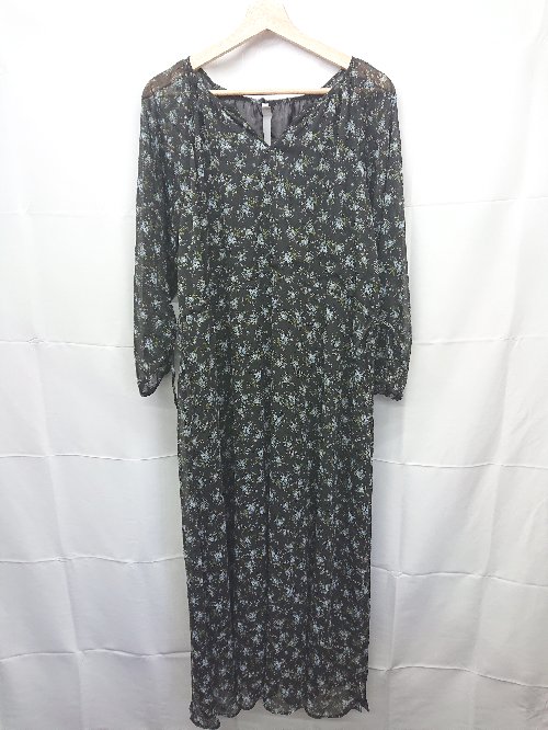 ◇ ⊂ un dix cors 花柄 シアースリーブ 長袖 ロング ワンピース サイズF ブラック ブルー マルチ レディ..