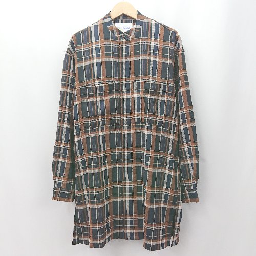 ◇ ⊇ チャオパニック チェック柄 長袖 膝丈 スタンドカラーワンピース サイズone ブラウン系　ネイビー..