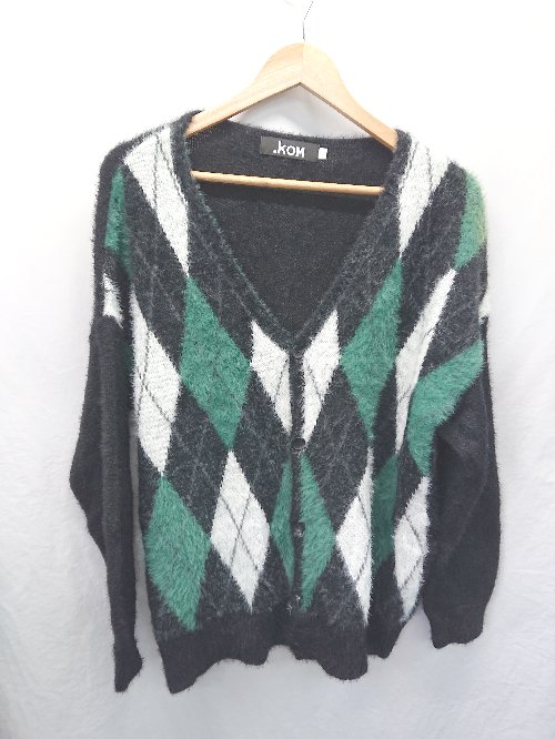 ◇ ⊇ KOM ドットコム アーガイル柄 長袖 ニット カーディガン サイズL ブラック系 マルチ レディース E 【中古】