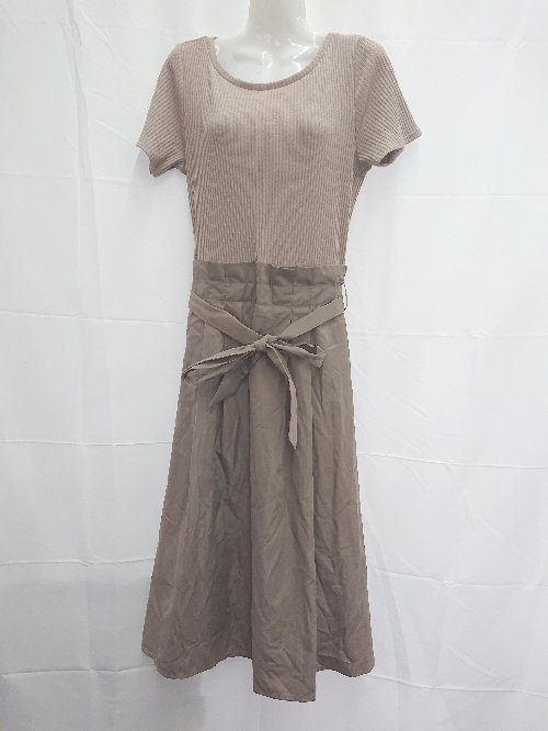 ◇ ⊂ nano universe ナノユニバース リブニット 切替 半袖 膝下丈 ドッキングワンピース サイズF ブラウ..