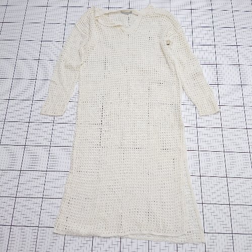 ◇ ⊂ アルモニア 透けのある商品で 長袖 膝下丈 透かし編みニットワンピース サイズF ベージュ系 レディース E 【中古】