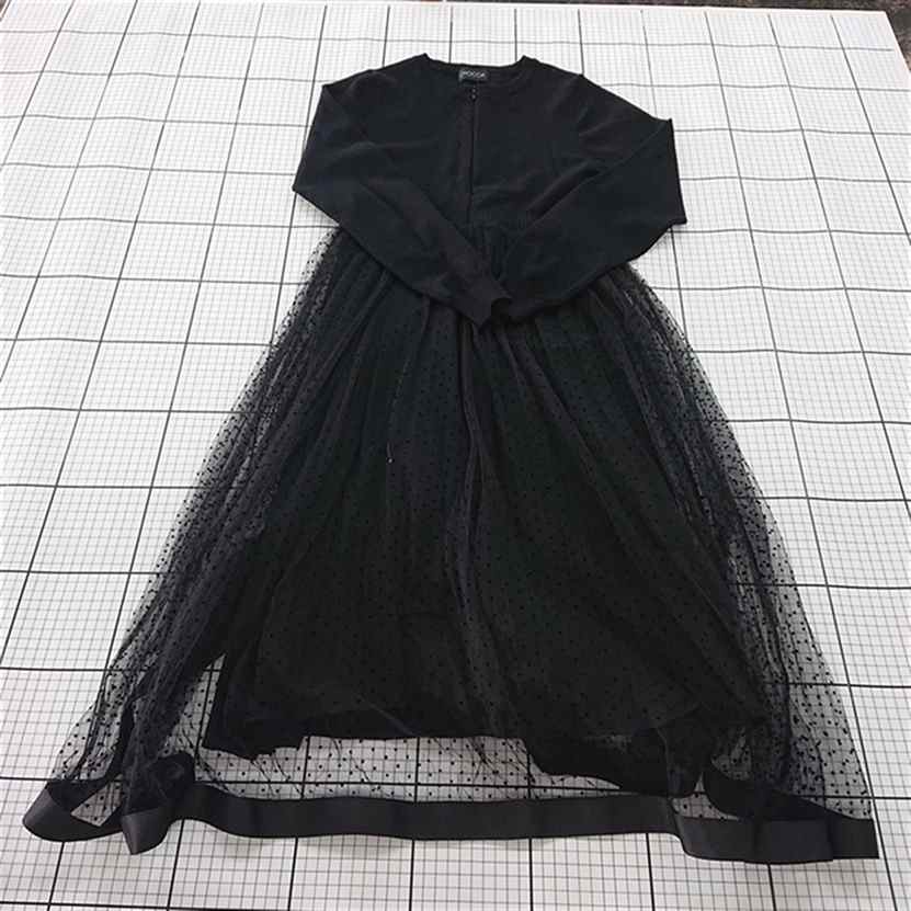 ◇ Θ CHOCOA チョコア ドット 水玉柄 長袖 ロング丈 フレア ワンピース サイズF ブラック系 レディース E 【中古】