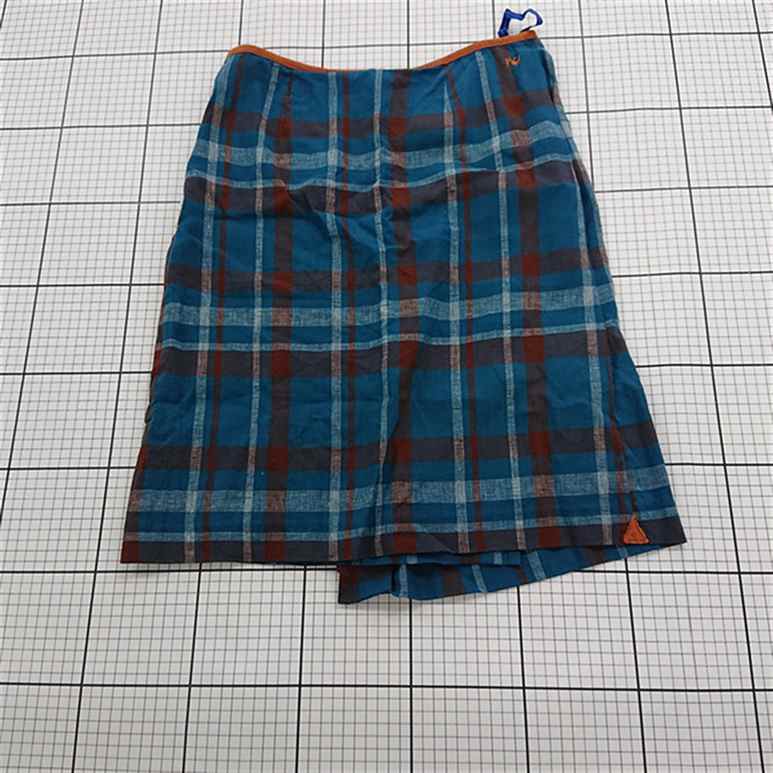 ◇ ⊂ vm ヴーム チェック柄 リネン100% 膝下丈 台形 スカート サイズ3 ブルー系 レディース E 【中古】