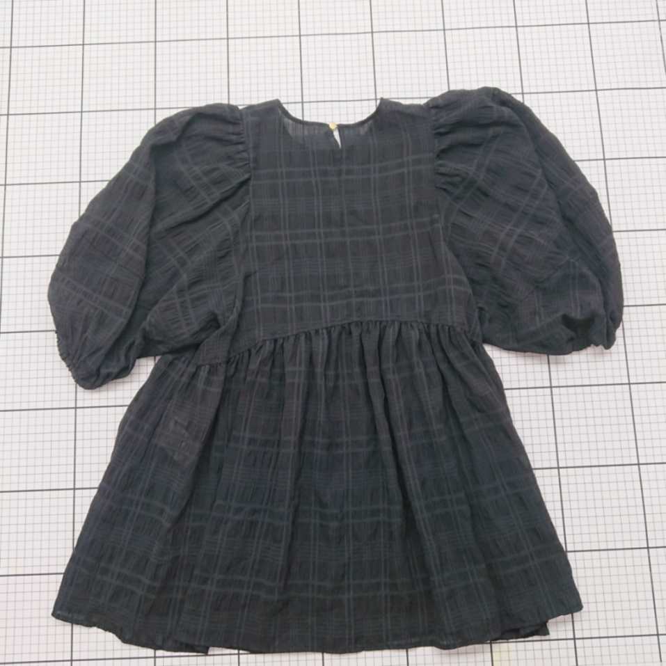 ◇ ⊂ PLST プラステ 透け感 チェック柄 半袖 パフスリーブペプラム サイズS ブラック系 レディース E 【中古】