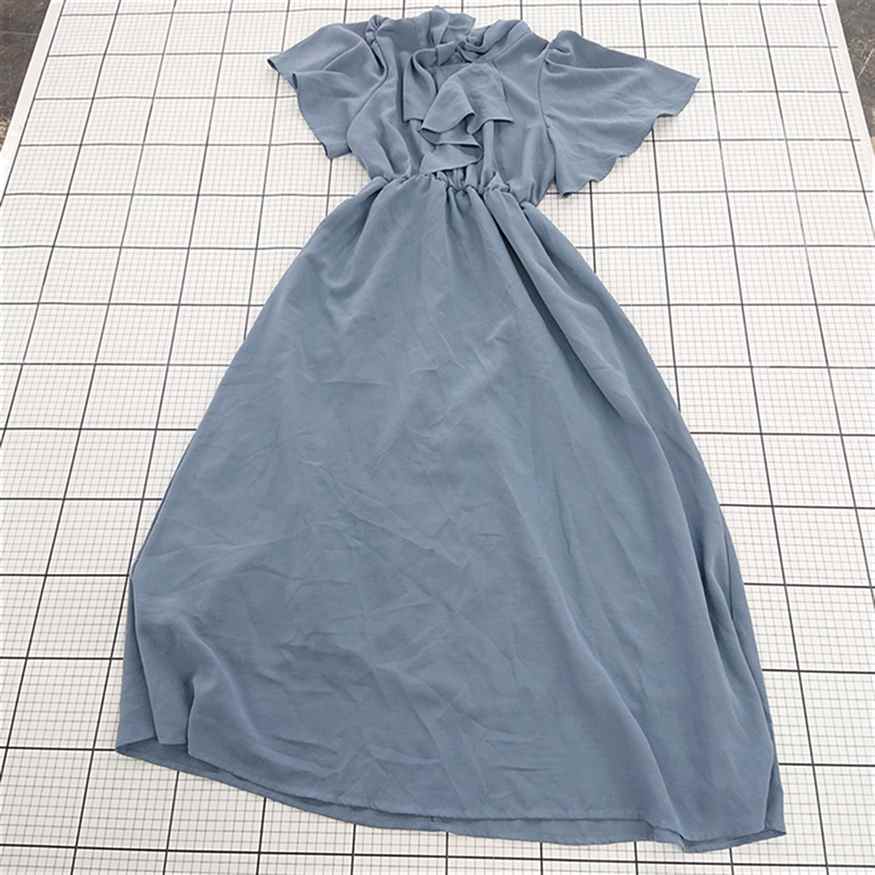 ◇ ⊂ 【ナチュラルクチュール】フリルネック 半袖ロングワンピース ブルー系 Fサイズ E 【中古】