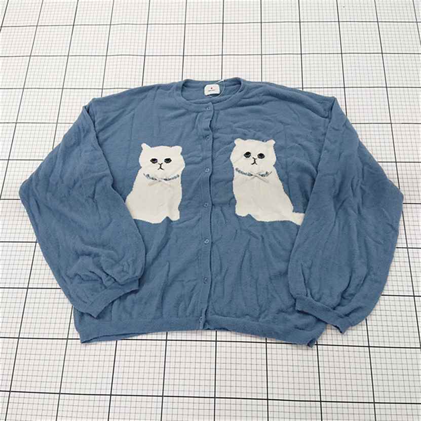 ◇ ⊇ merry jenny cat×cat 長袖 ニット カーディガン サイズF ライトブルー系 レディース E 【中古】