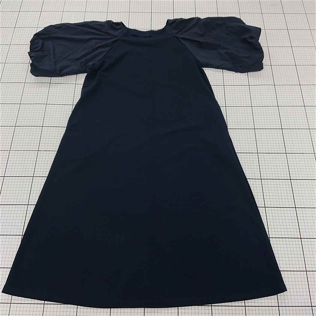 ◇ ⊂ Chez toi シェトワ ゆったり パフスリーブ 膝下丈 ワンピース ネイビー系 レディース E 【中古】