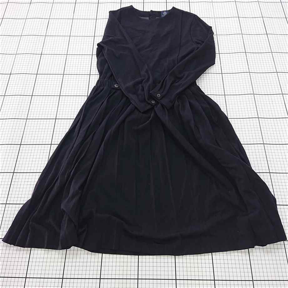 ◇ Θ arrive paris ノーカラー プリーツ 長袖 膝下丈 ワンピース サイズM ダークネイビー系 レディース ..