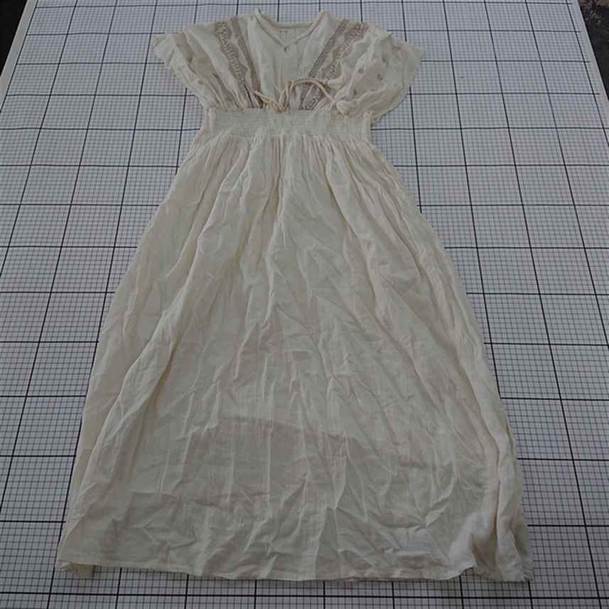 ◇ ⊂ Bab バブ Vネック 刺繡 シャーリング 半袖 ロング ワンピース サイズM ライトベージュ系 レディー..