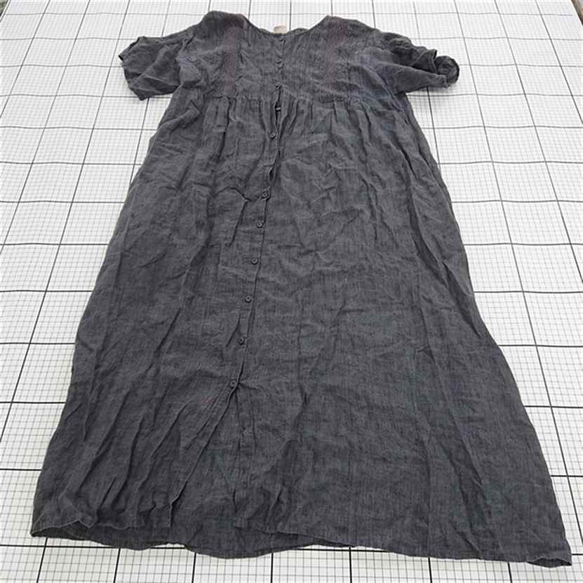 ◇ ⊂ 【ツムグ tumugu】リネンレース切替ワンピース ブラック系 Mサイズ E 【中古】