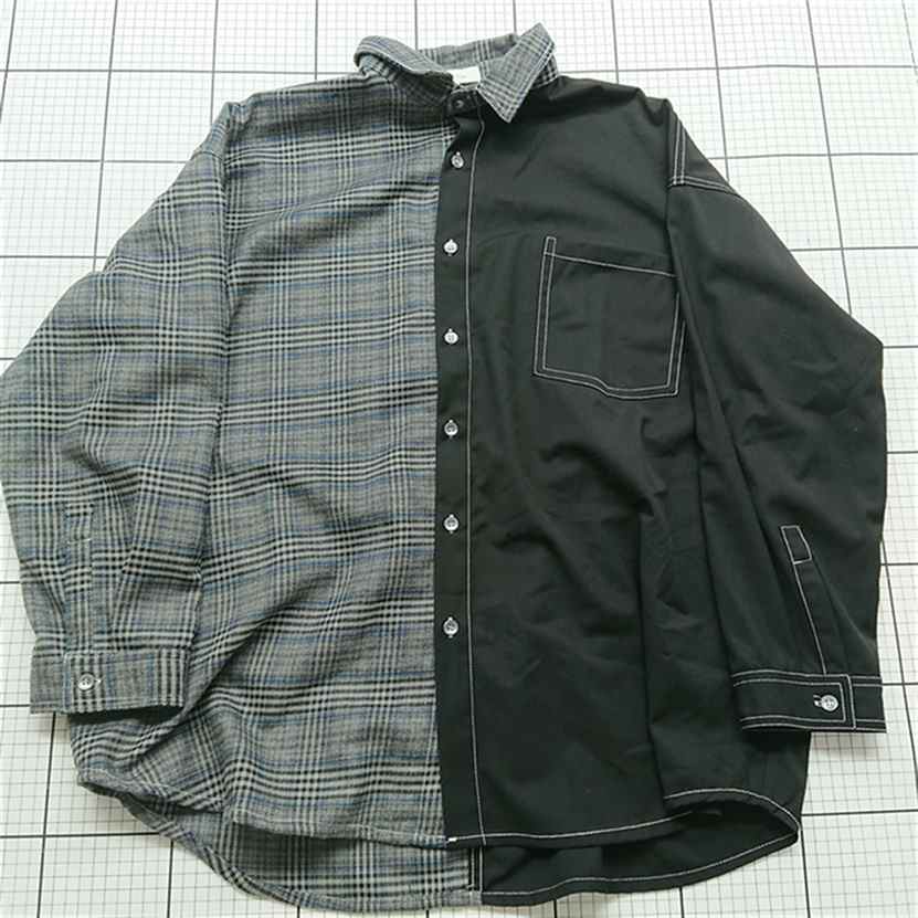 ◇ Θ 【インターファクトリー INTER FACTORY】バイカラーチェック切替シャツ 長袖 Mサイズ ブラック系グレー系 E 【中古】