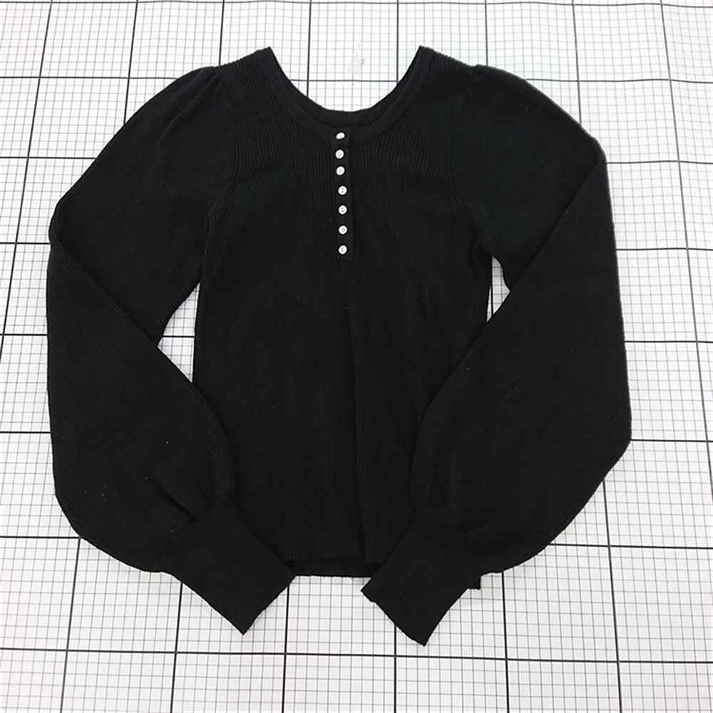 ◇ ⊇ 【ニットジェメイド knit Jemade】パフスリーブリブニット ブラック系 レディース 長袖トップス E 【中古】