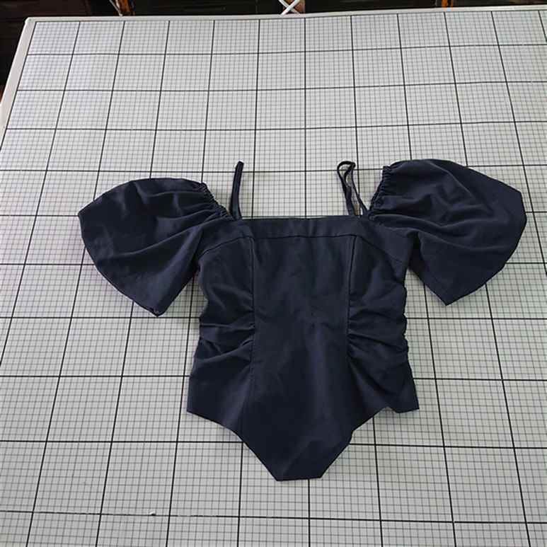 ◇ ⊂ 未使用 エルノドマヴィ Ellno de Mavie EL526090BW パフスリーブトップス ネイビー系 レディース Fサイズ E 【中古】