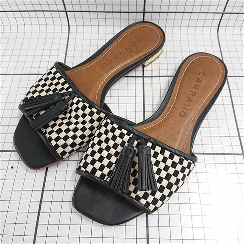 ◇ ⊂ カラーノ CARRANO チェック柄タッセルサンダル ブラック系 サイズ35 レディース E 【中古】