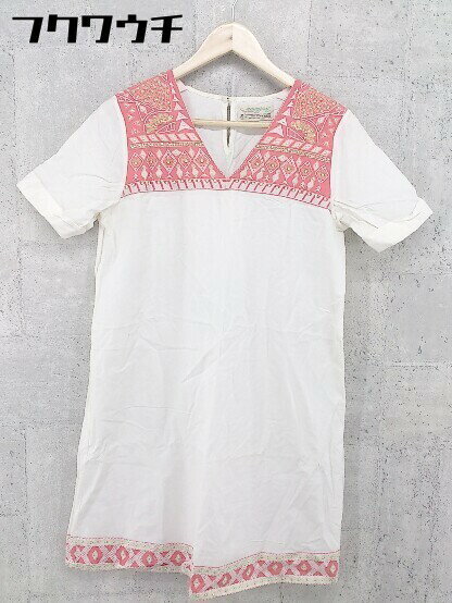 ◇ AMERICAN RAG CIE アメリカンラグシー 刺繍 装飾 Vネック 半袖 ミニ ワンピース サイズF ホワイト系 レディース 【中古】(4)