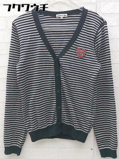 ◇ ◎ LACOSTE ラコステ ボーダー ワッペン 長袖 カーディガン サイズ40 ブラック グレー レディース 【中古】
