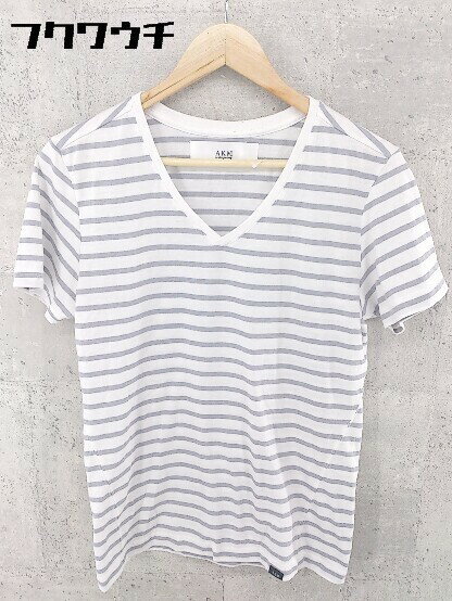 ◇ AKM エイケイエム ボーダー 半袖 Vネック Tシャツ カットソー サイズM ホワイト グレー メンズ 【中古】