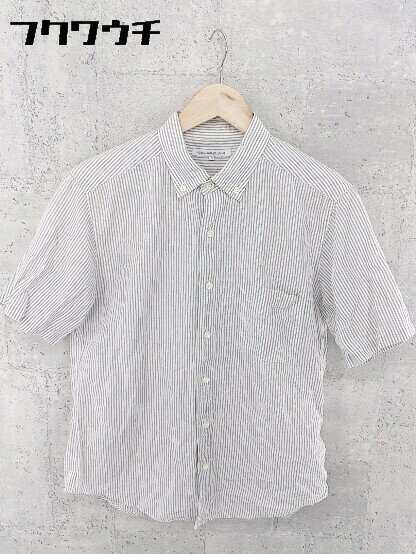 ◇ ◎ green label relaxing UNITED ARROWS ボタンダウン BD リネン混 半袖 シャツ サイズM ホワイト グレー メンズ 【中古】