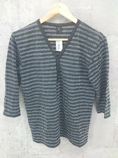 ◇ nano universe ナノユニバース ボーダー 七分袖 ヘンリーネック カットソー ブラック系 メンズ 【中古】