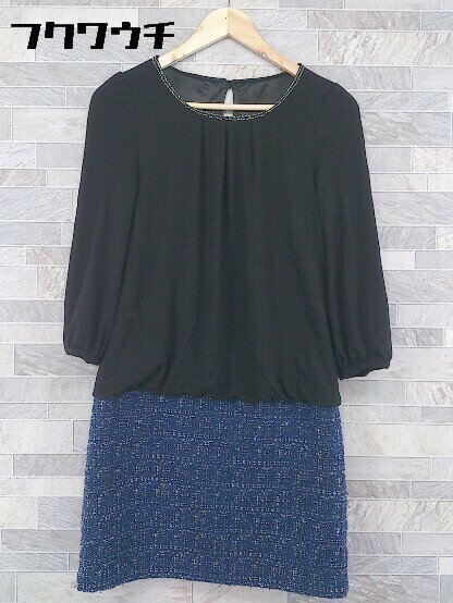 ◇ NATURAL BEAUTY BASIC ナチュラルビューティーベーシック 総柄 長袖膝丈 ワンピース M ブラック ブルー * 1002798278950 【中古】