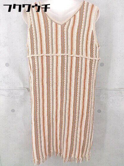 ◇ NATURAL BEAUTY BASIC ストライプ フリンジ ノースリーブ 膝丈 ニット ワンピース サイズM ベージュ レディース 【中古】