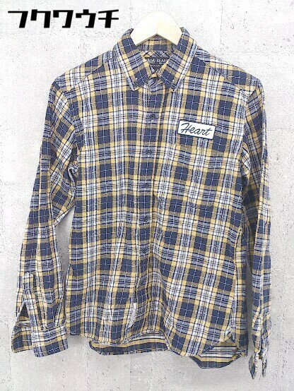 ◇ ◎ BEAMS HEART チェック ロゴ 刺繍 ボタンダウン BD 長袖 シャツ サイズS ネイビー イエロー ホワイト メンズ 【中古】