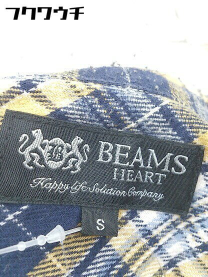 ◇ ◎ BEAMS HEART チェック ロゴ 刺繍 ボタンダウン BD 長袖 シャツ サイズS ネイビー イエロー ホワイト メンズ 【中古】