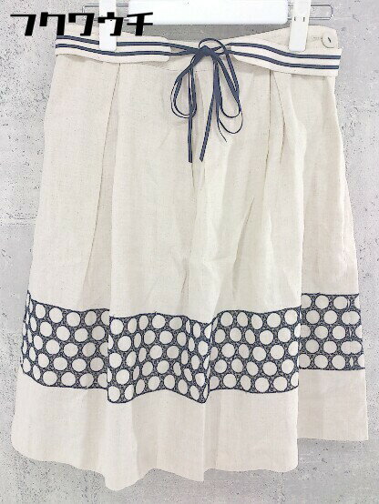 ◇ ◎ POU DOU DOU リネン混 ペチコート ウエストリボン付 膝丈 フレア スカート サイズM ベージュ系 レ..