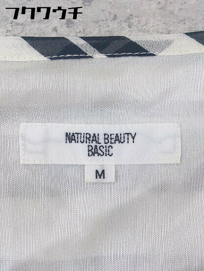 ◇ ◎ NATURAL BEAUTY BASIC リボン付き フレンチスリーブ 膝丈 ワンピース サイズM ネイビー ホワイト レディース 【中古】