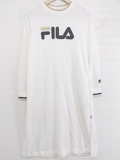 ◇ FILA ロゴ プリント サイドスリット 長袖 膝下丈 ワンピース サイズM ホワイト系 ブラック ベージュ系 レディース P 