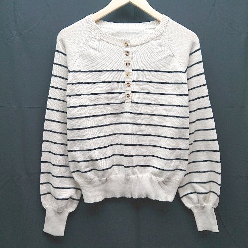 ◇ SHEIN ニット ボーダー カジュアル シンプル 丸襟 クルーネック 長袖 セーター サイズS ベージュ レディース E 【中古】のサムネイル