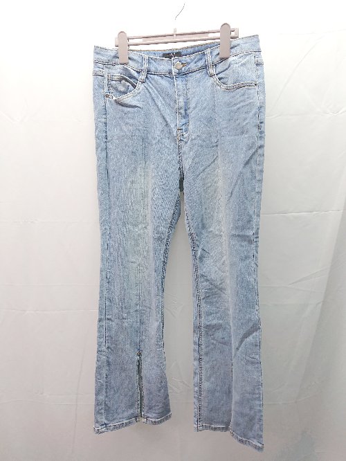 ◇ SHEIN ローライズ センタープレス ストレッチ フロント 裾スリット デニム パンツ Lサイズ ライトブルー レディース E 【中古】のサムネイル