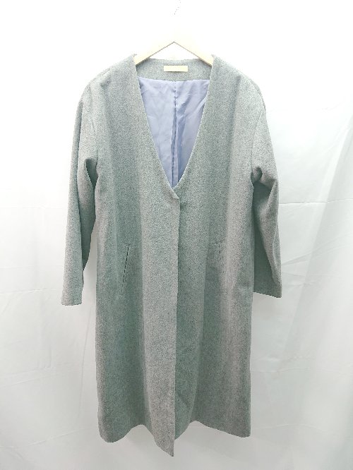 ◇ Two Fsces メルトン生地 冬 シンプル 柔らか生地 膝丈 長袖 ノーカラーコート サイズF グレー レディース E 【中古】