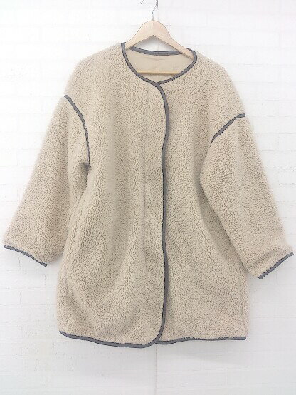 ■ ノーブランド ボア パイピング もこもこ 長袖 ノーカラー コート サイズL ベージュ レディース E 【中古】