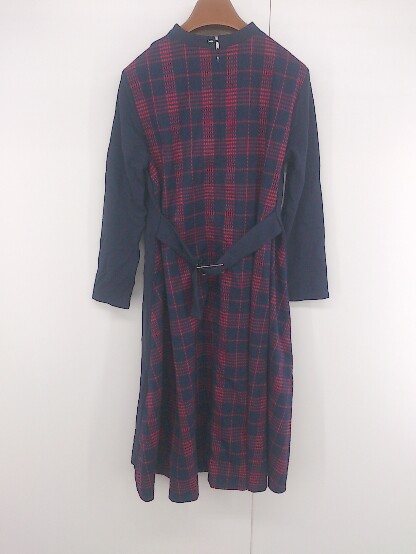 ◇ PICCIN ピッチン チェック 切替 バックベルト 長袖 膝丈 ワンピース サイズM ネイビー レッド レディース P 【中古】