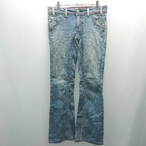 ◇ VIENUS JEAN 裾フレア ストリート ウエストロゴ カジュアル デニムパンツ サイズ29×33 ブルー レディース E 【中古】