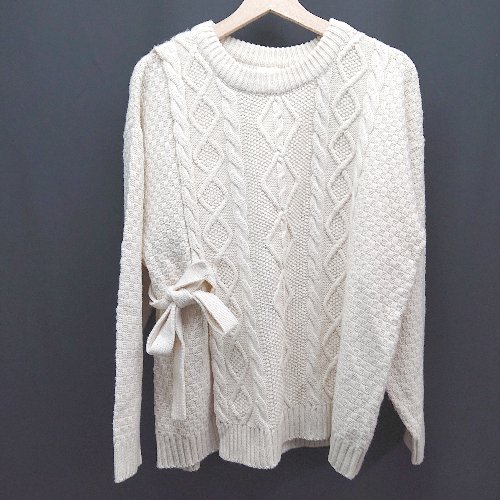 ◇ ( ) ラウンドネック サイドスリット リボン 透け感なし 長袖 ニット サイズL クリーム レディース E 【中古】