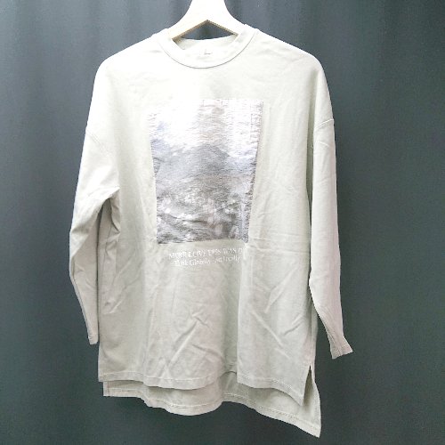 ◇ BONbazaar フロントプリント ラウンドネック サイドスリット 長袖 ロングTシャツ サイズF グリーン レディース メンズ E 【中古】